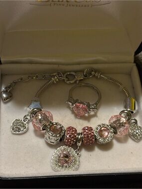 Silver Bracelet and Pink Crystal Ring Set - Women Jewelry